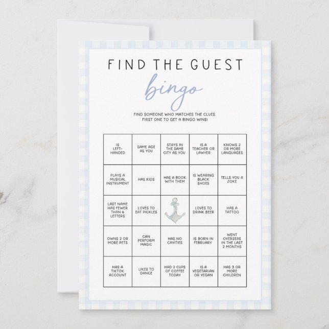Carte Sailing Themed Baby Shower Game - Guest Bingo (Devant)
