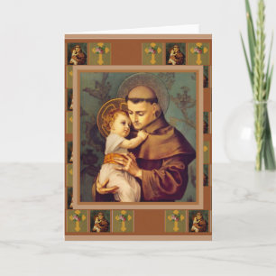 Carte Saint Antoine de Padoue avec Bébé Jésus Croix Rose
