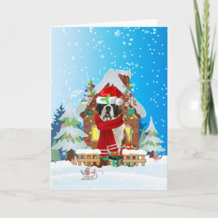 Carte Saint Bernard dans la neige avec cadeaux de Noël