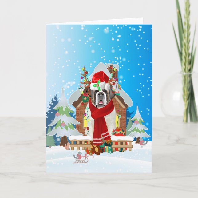 Carte Saint Bernard dans la neige avec cadeaux de Noël (Devant)
