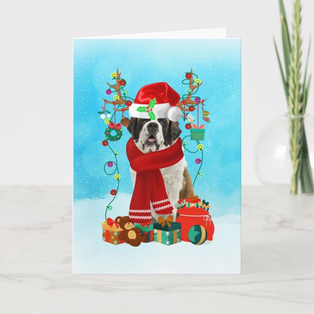 Carte Saint Bernard dans la neige avec cadeaux de Noël (Devant)