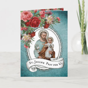 Carte Saint Joseph Jésus Rouge Roses Mémorare Prière