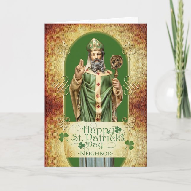 Carte Saint Patrick's Day pour Voisin avec Saint Statue (Devant)