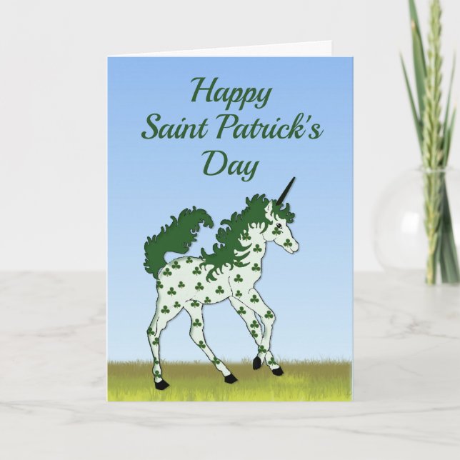 Carte Saint Patrick's Day Unicorne avec Spots Shamrocks (Devant)