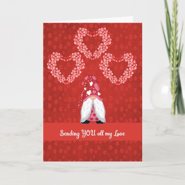 Carte Saint Valentin avec Gnome et Coeurs en Rouge (Devant)