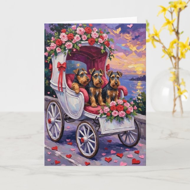 Carte Saint-Valentin Chien Airedale  (Fleur jaune)