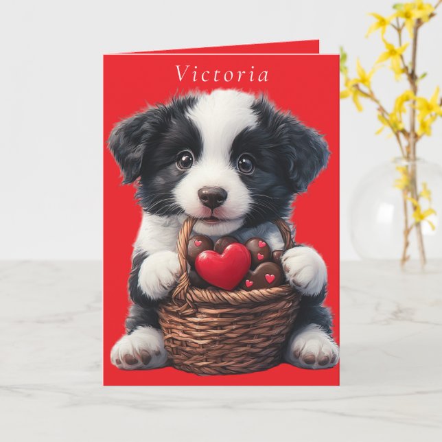 Carte Saint Valentin Chiot Rouge Chocolat Coeurs (Fleur jaune)