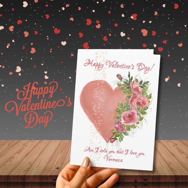 Carte Saint-Valentin Cœur Rose et Fleurs (Pink Heart with Flowers Valentine's Day Card)