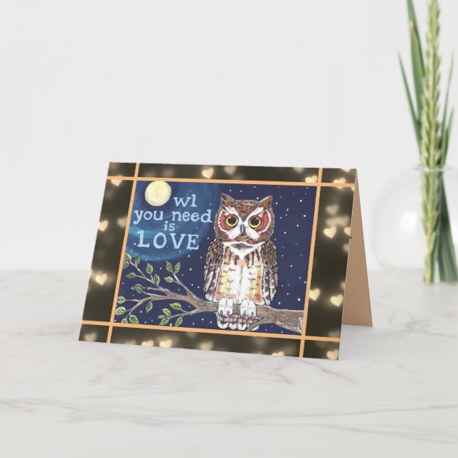 Carte Saint-Valentin de chouette d'amour bleu sépia lune (Devant)