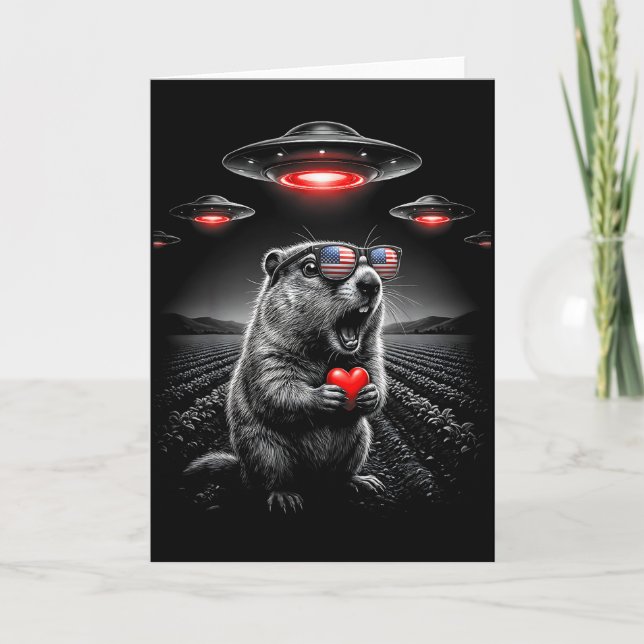 Carte Saint-Valentin drôle Groundhog Selfie Alien Ufo Dr (Devant)