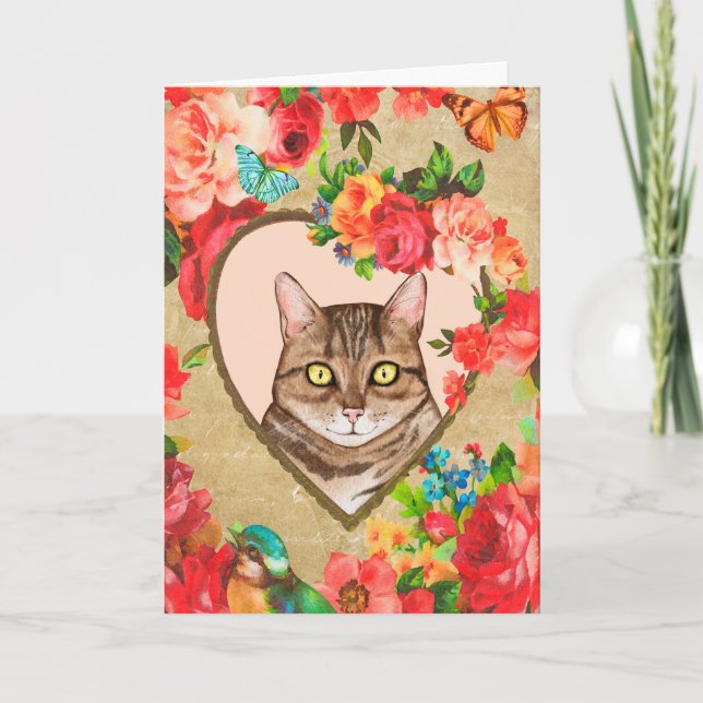 Carte Saint-Valentin féminin avec un chat dans un cadre  (Devant)