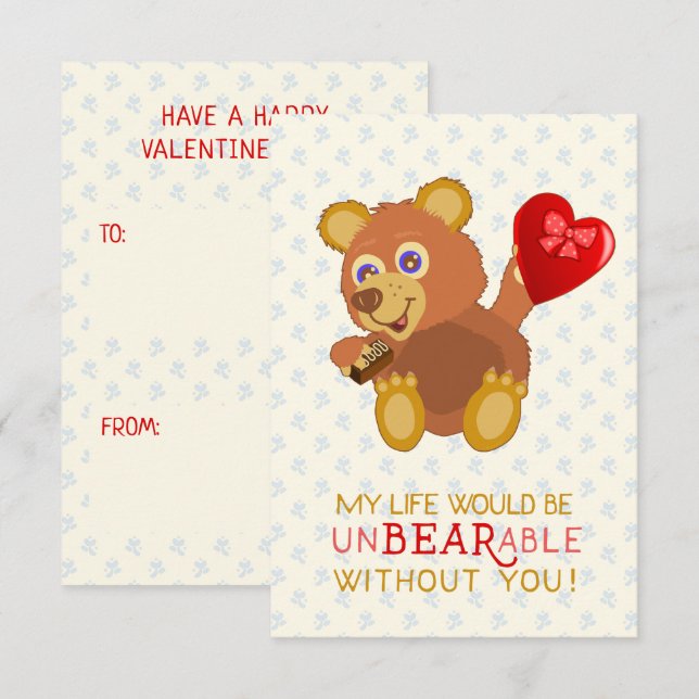 Carte Saint Valentin Ours Funny Kids School (Devant / Derrière)