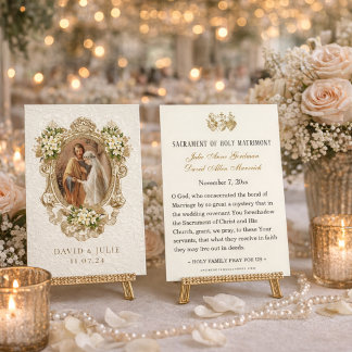 Carte Sainte de mariage florale dorée catholique