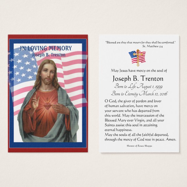 Carte Sainte du Mémorial catholique des funéraille (Devant & derrière)