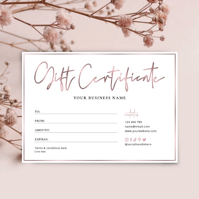 Carte Salon Chic Rose Gold Logo tendance Certificat cade (Créateur téléchargé)