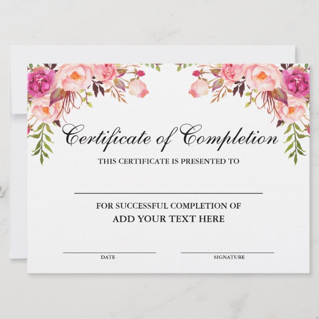 Carte Salon de beauté Certificat d'achèvement Pink Flora (Devant)