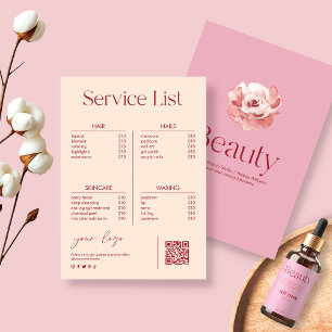 Carte Salon de beauté rose pâle Liste des prix