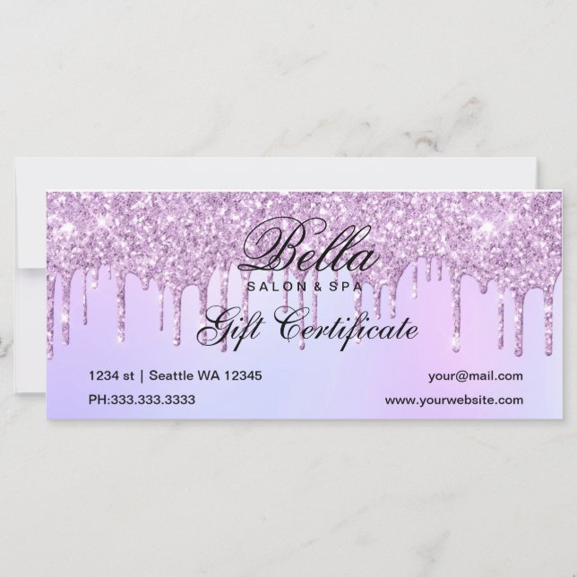 Carte Salon de Parties scintillant pourpre et certificat (Devant)