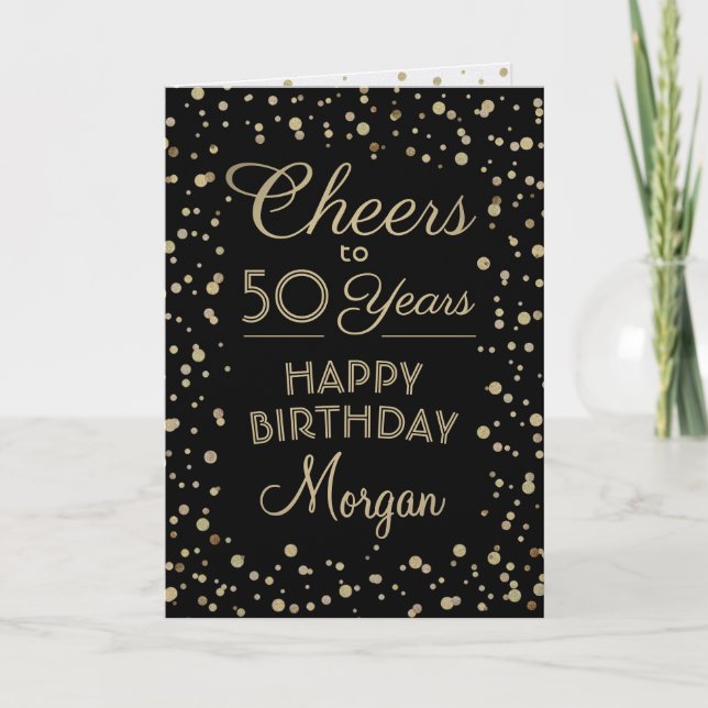 Carte Salue chaque année Anniversaire Noir Confetti 50e (Devant)