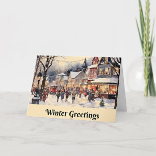 Carte Salut d'hiver, rue de ville enneigée,