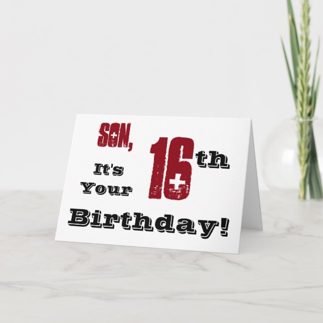 Carte Salutation de son 16e anniversaire en noir, rouge, (Devant)