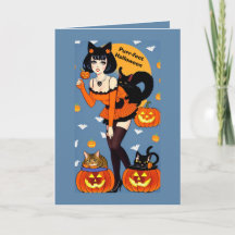 Salutation d'Halloween avec de mignons chats dame