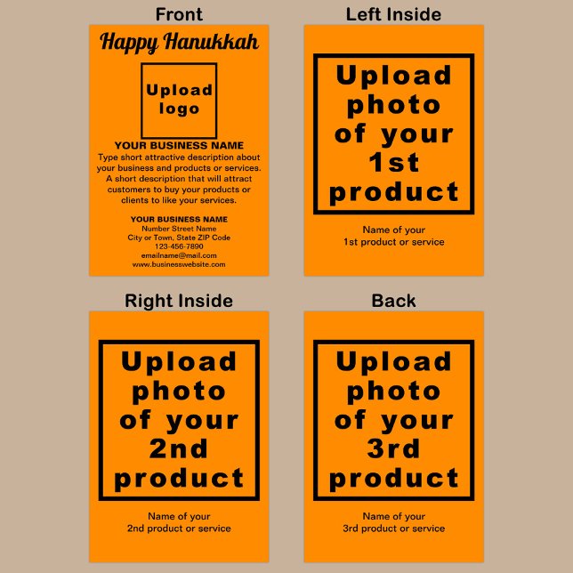Carte Salutation professionnelle Hanoukka orange couleur (Orange color Hanukkah folded greeting card with your business brand and products or services.)