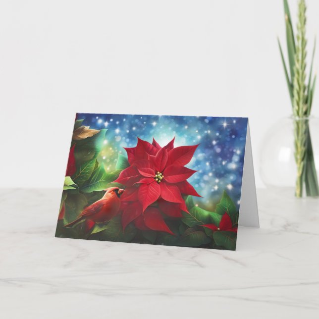 Carte Salutation saisonnière avec Cardinal et Poinsettia (Devant)