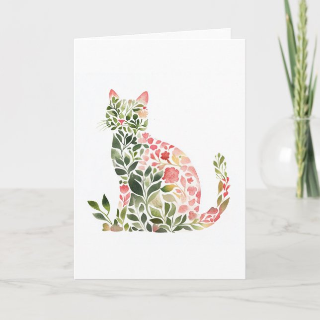Carte Salutation Whimsical Floral Cat Watercolor (Devant)