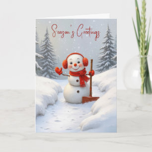 Carte Salutations de la saison Bonhomme de neige avec un