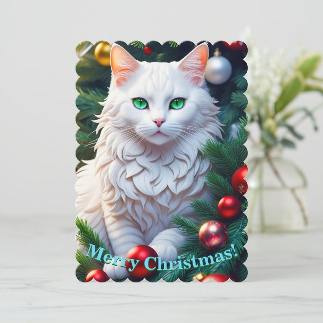 Carte Salutations de Noël Blanc Cat (Debout devant)