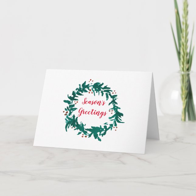 Carte Salutations de saison Green Wreath Holly Peinture (Devant)