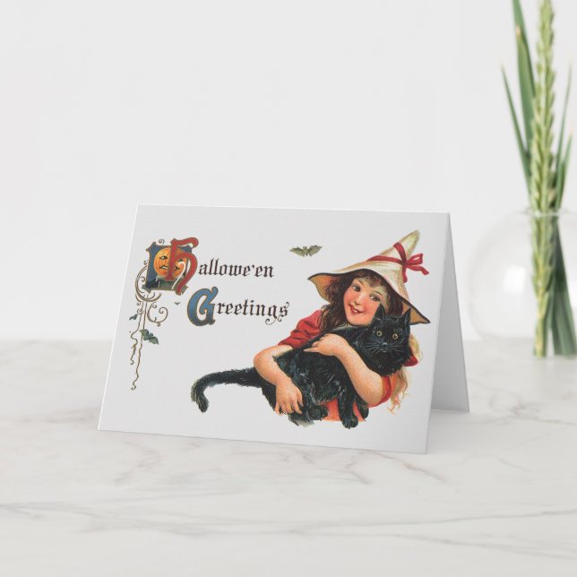 Carte Salutations d'Halloween vintage, sorcière enfant a (Devant)