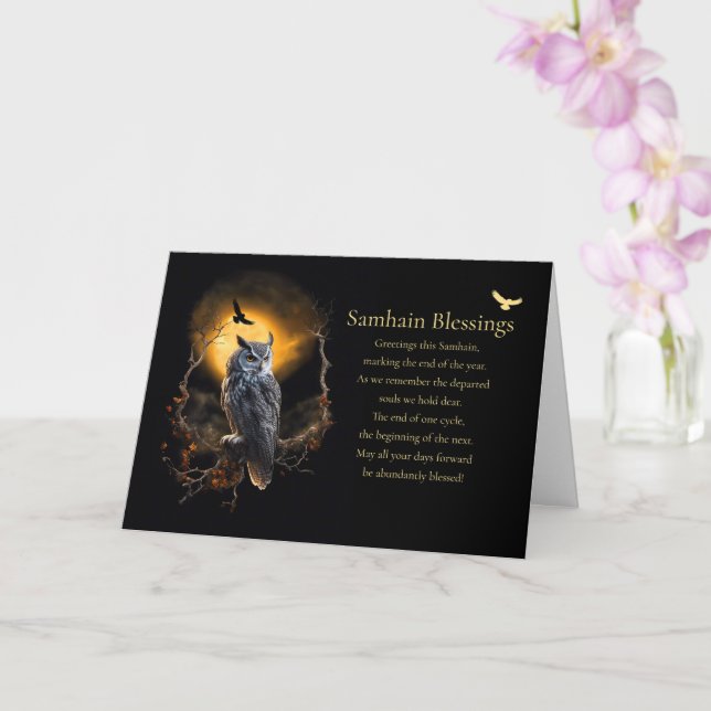 Carte Samhain Pagan Holiday avec Chouette et Poème Bénéd (Orchidée)