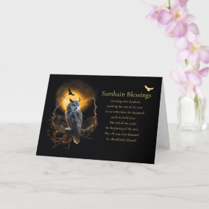 Carte Samhain Pagan Holiday avec Chouette et Poème Bénéd