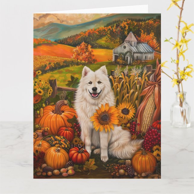 Carte Samoyé Chien Moisson Automne Thanksgiving (Fleur jaune)