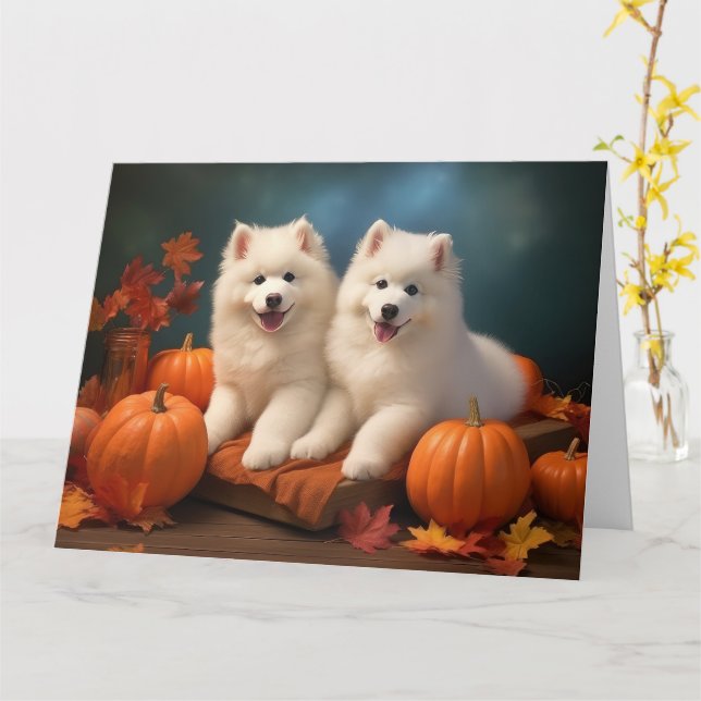 Carte Samoyed Chiot Automne Citrouille de plaisir (Fleur jaune)