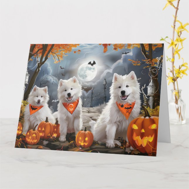 Carte Samoyed Halloween Éffrayant (Fleur jaune)