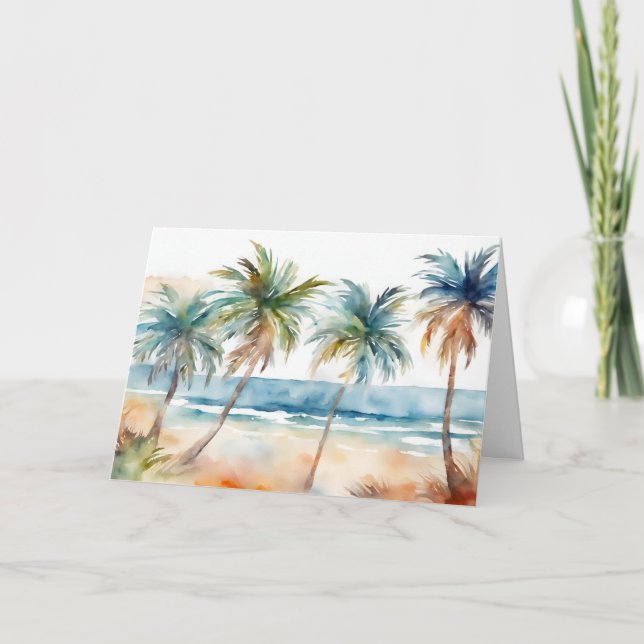 Carte Sandy Watercolor Plage tropicale, Palmiers (Devant)
