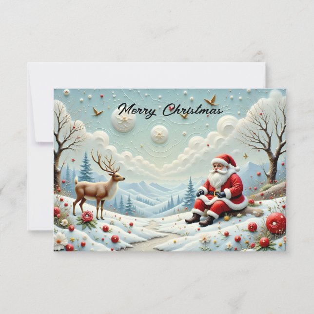 Carte Santa and His Reindeer in Snowy Landscape (Devant)