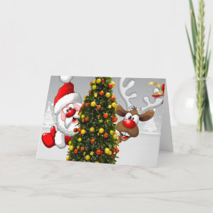 Carte Santa claus and reindeer behind a christmas tree.j