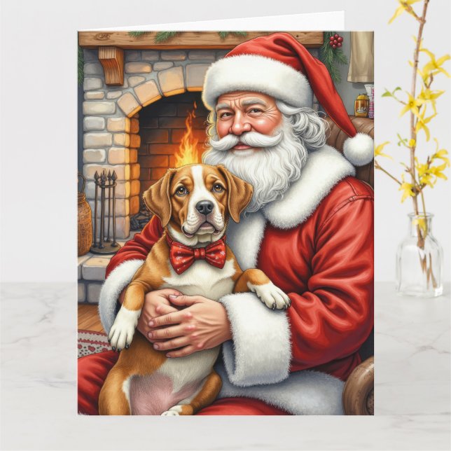 Carte Santa Claus Holding American Staffordshire Terrier (Fleur jaune)