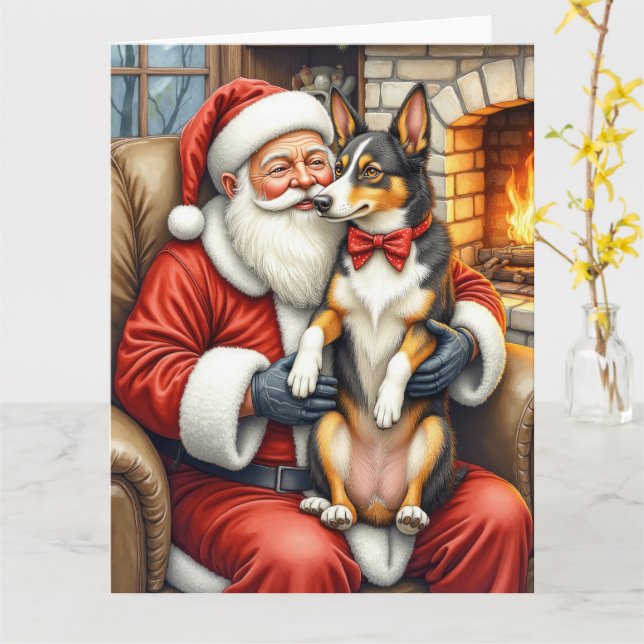 Carte Santa Claus Holding Australian Kelpie Christmas  (Fleur jaune)