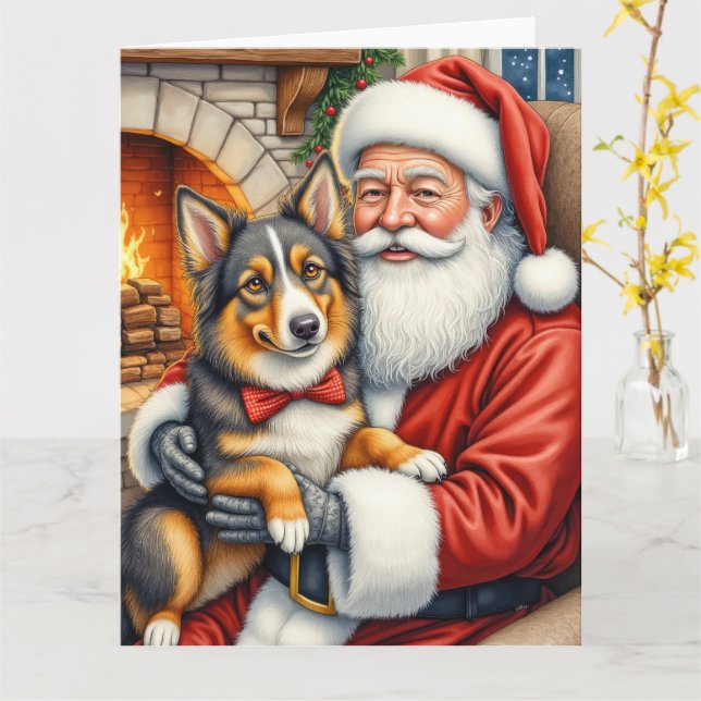 Carte Santa Claus Holding Australian Shepherd Christmas  (Fleur jaune)