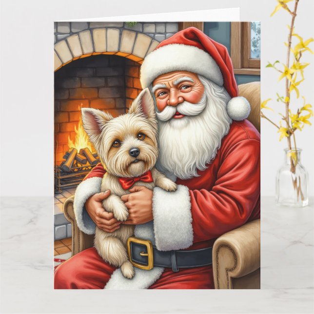 Carte Santa Claus Holding Cairn Terrier Christmas Art (Fleur jaune)