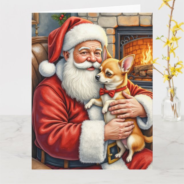 Carte Santa Claus Holding Chihuahua Christmas Art (Fleur jaune)