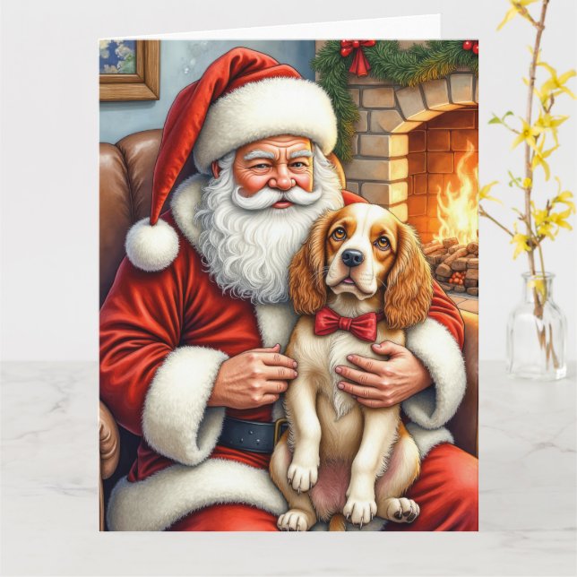 Carte Santa Claus Holding Cocker Spaniel Christmas Art (Fleur jaune)