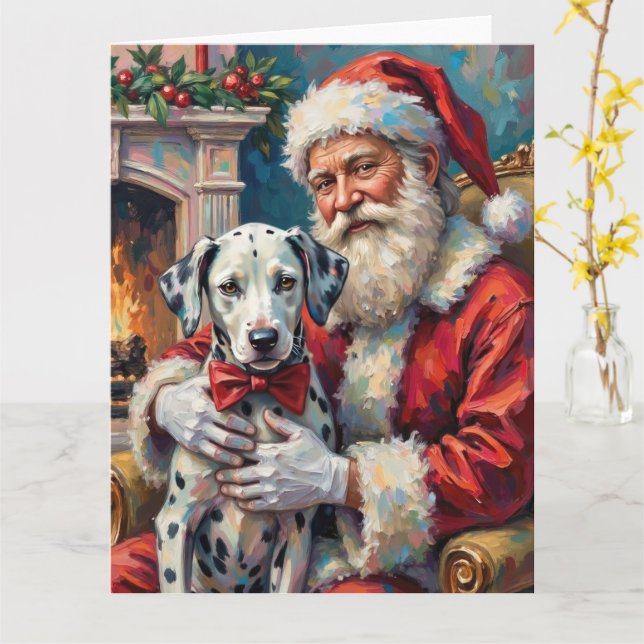 Carte Santa Claus Holding Dalmatian Christmas Art (Fleur jaune)
