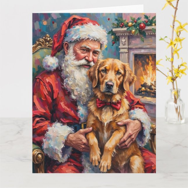 Carte Santa Claus Holding Golden Retriever Christmas Art (Fleur jaune)