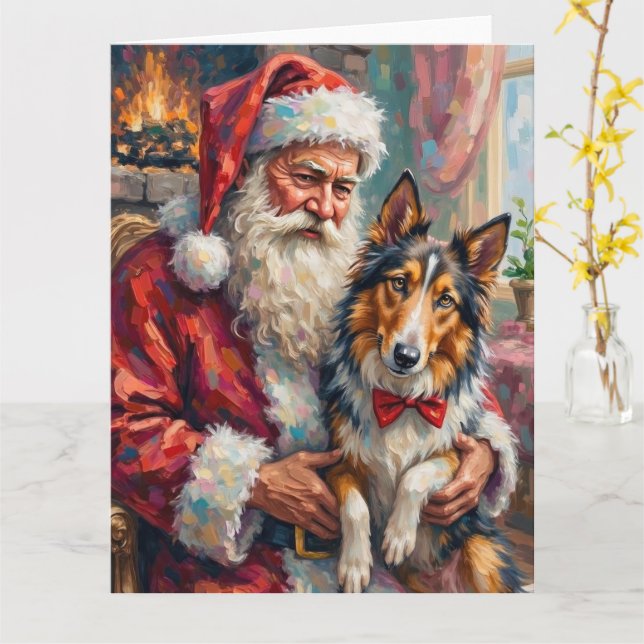 Carte Santa Claus Holding Rough Collie Christmas Art (Fleur jaune)
